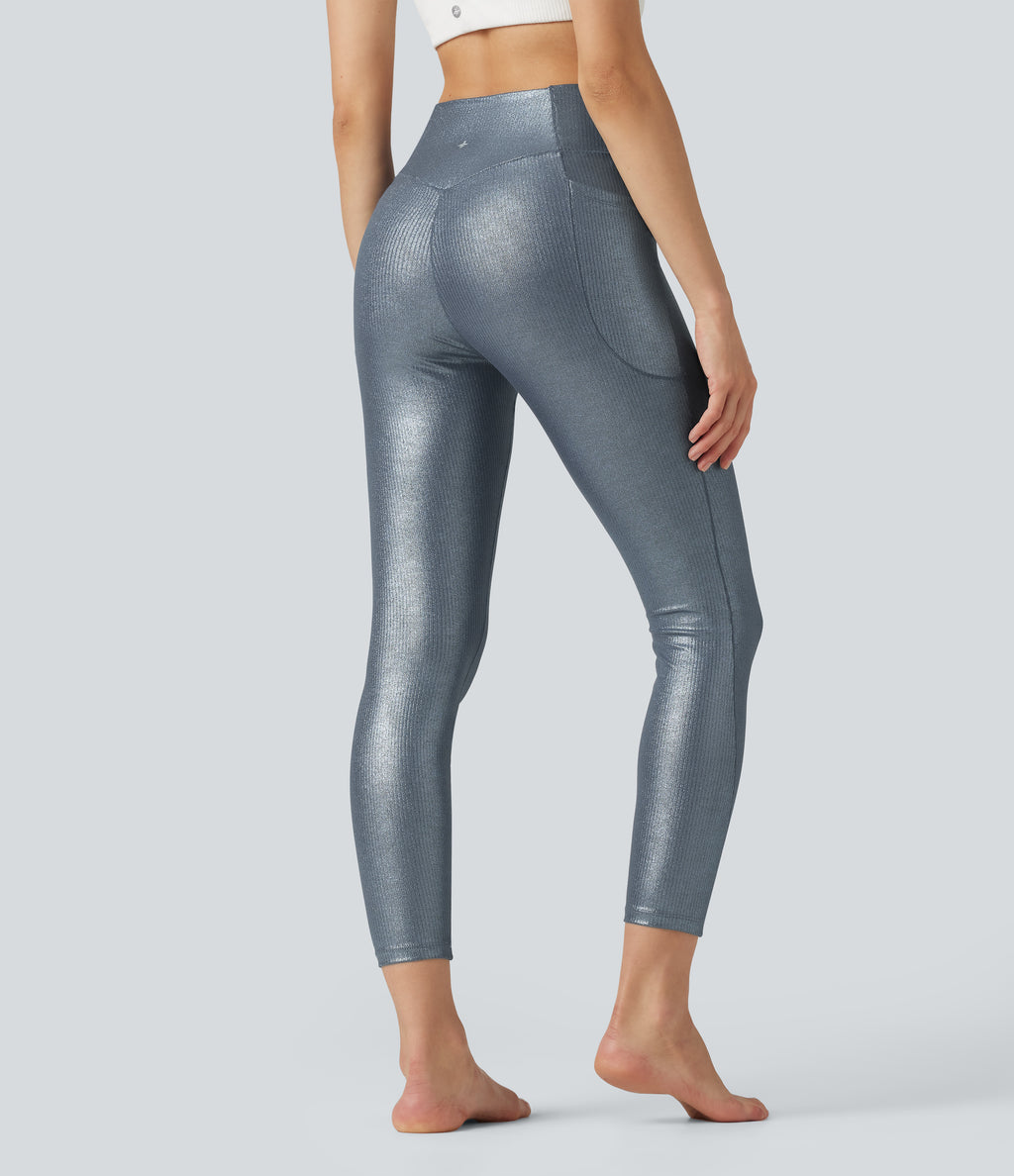 Ribbed Knit High Waisted Crossover Foil Print Yoga Leggings with Pockets — Sea Fog Blue — view 2