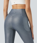Ribbed Knit High Waisted Crossover Foil Print Yoga Leggings with Pockets — Sea Fog Blue — view 5