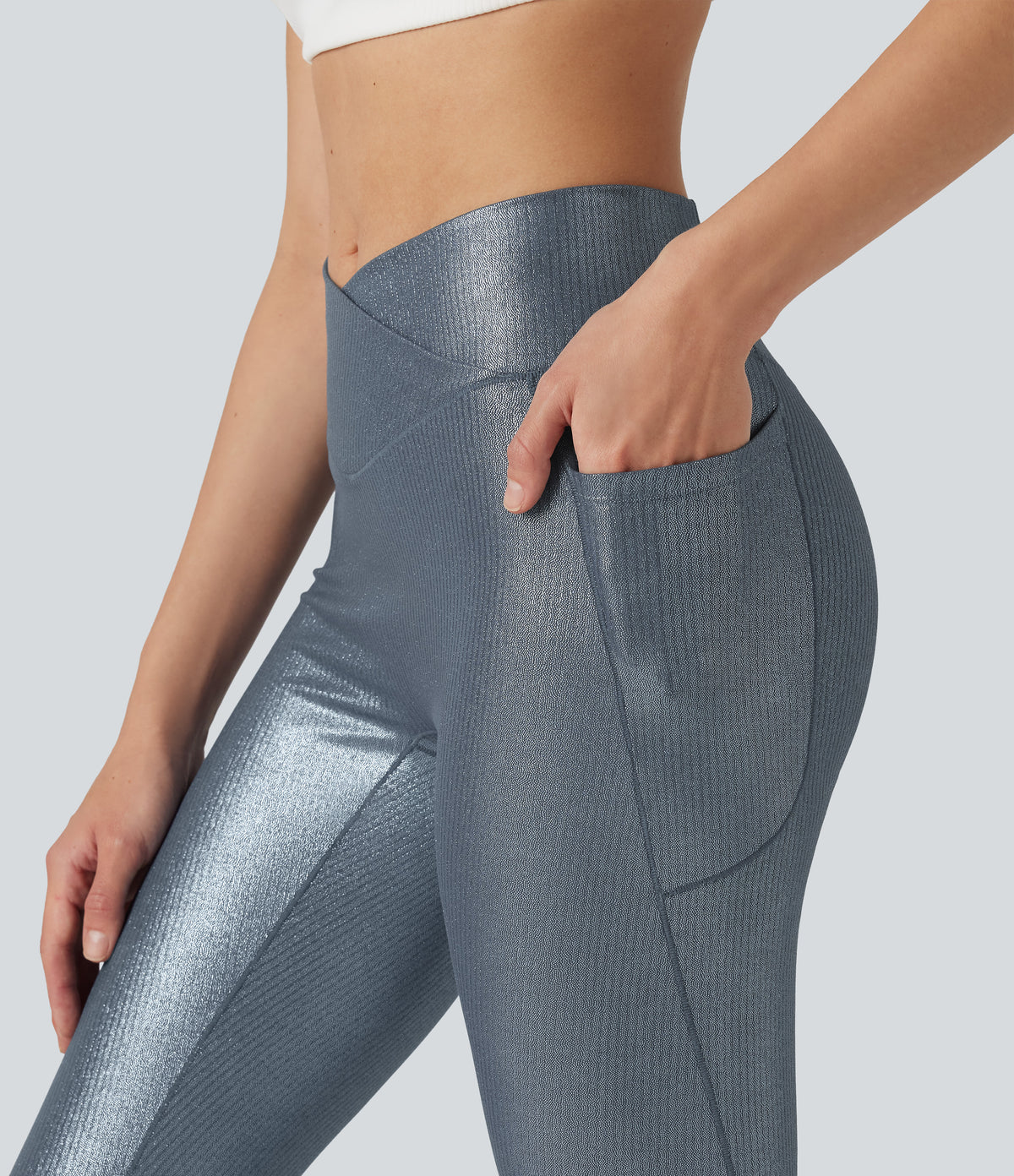 Ribbed Knit High Waisted Crossover Foil Print Yoga Leggings with Pockets — Sea Fog Blue — view 6