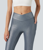 Ribbed Knit High Waisted Crossover Foil Print Yoga Leggings with Pockets — Sea Fog Blue — view 4