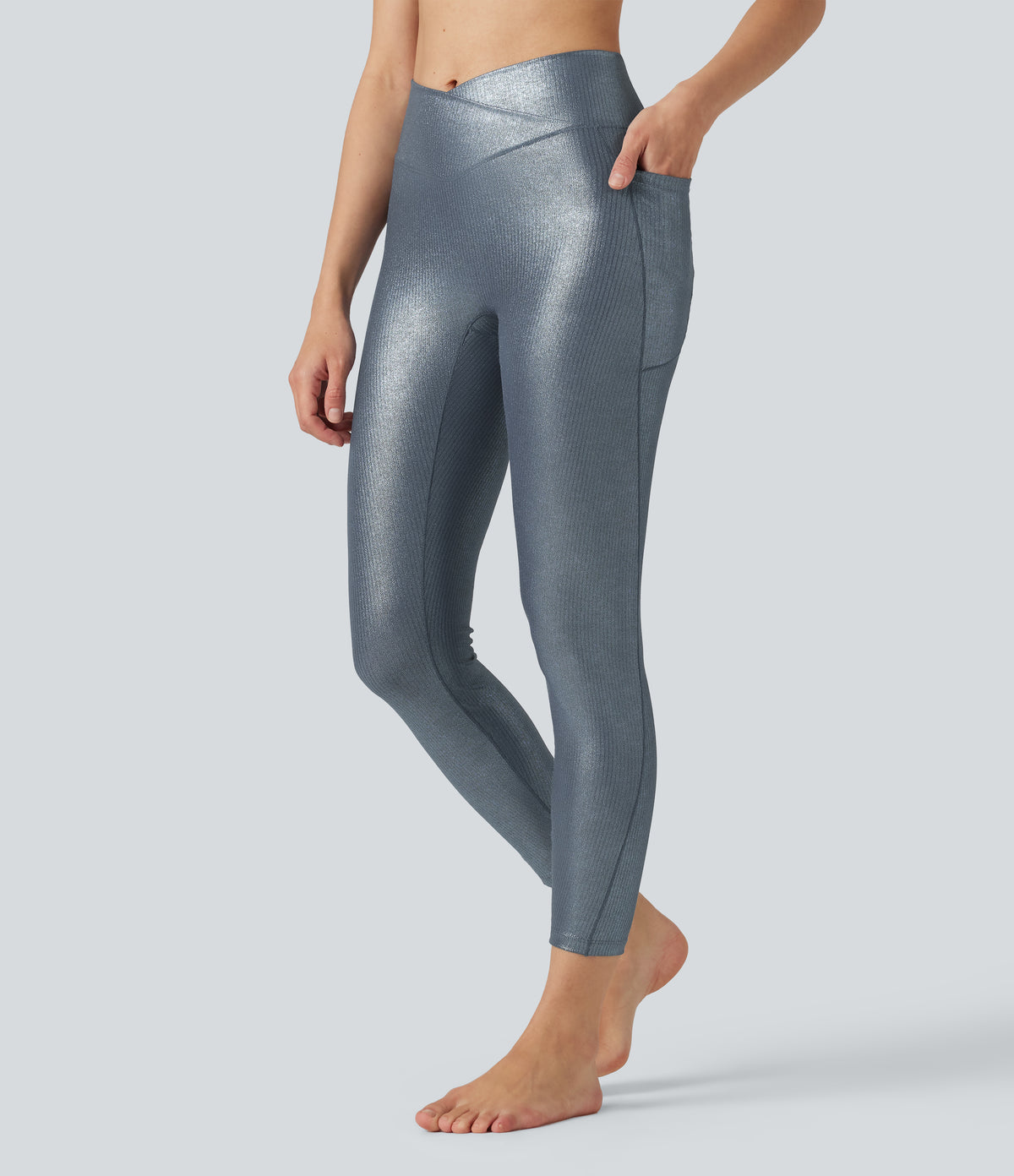 Ribbed Knit High Waisted Crossover Foil Print Yoga Leggings with Pockets — Sea Fog Blue — view 3