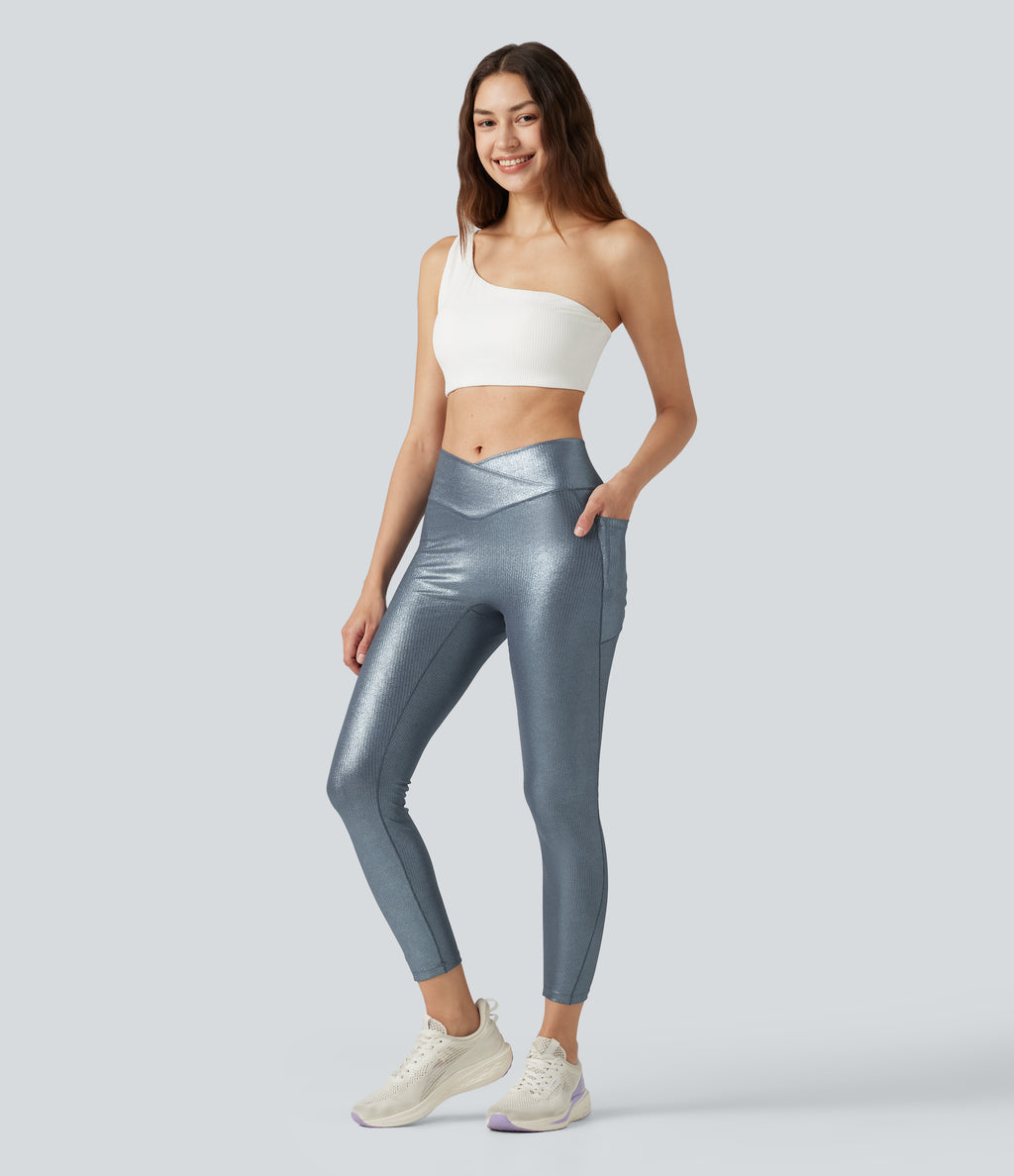 Ribbed Knit High Waisted Crossover Foil Print Yoga Leggings with Pockets — Sea Fog Blue — view 8