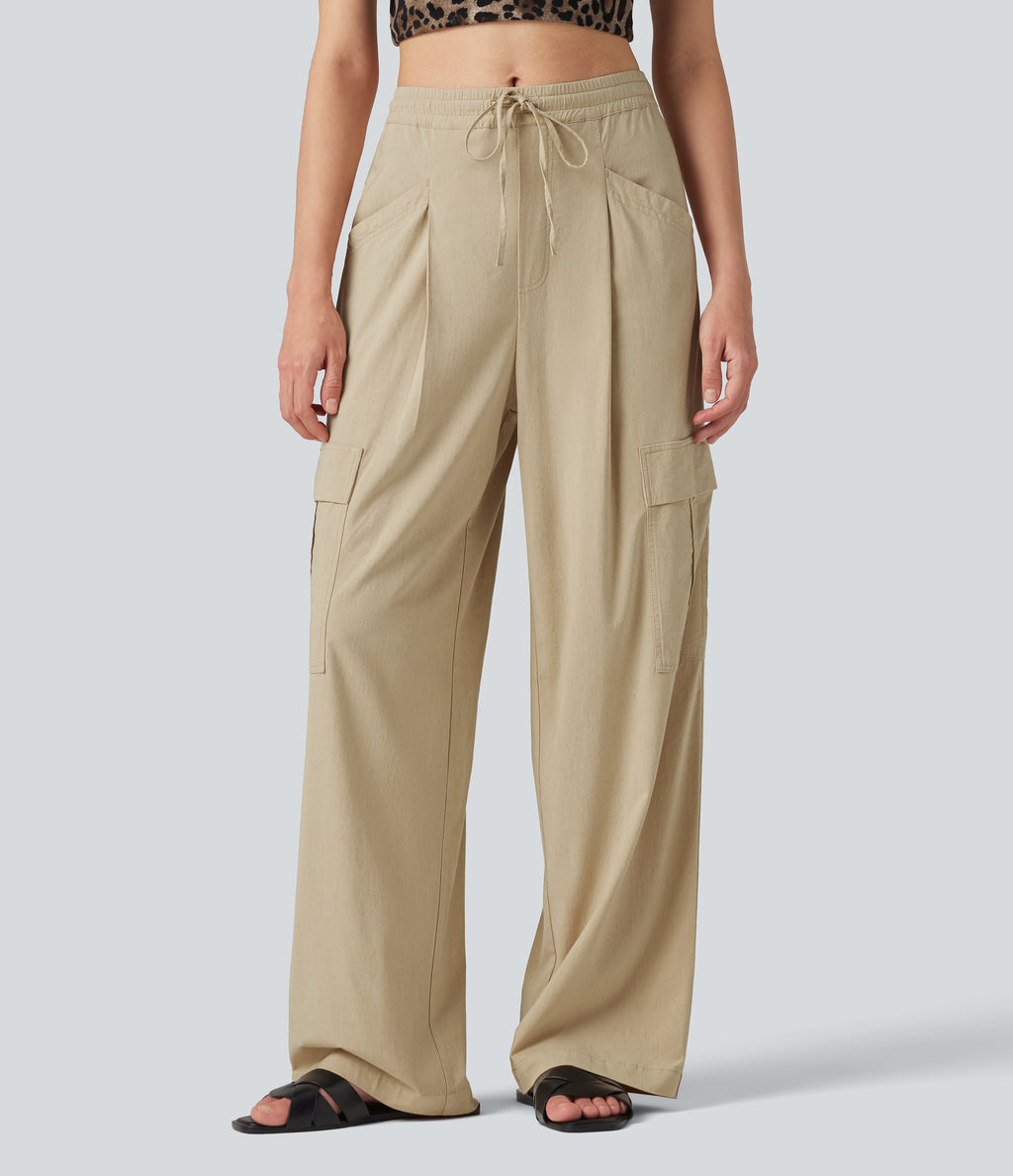 Mid Rise Drawstring Straight Leg Casual Stretch Linen Cargo Trousers with Pockets — Oatfield Cream — view 3