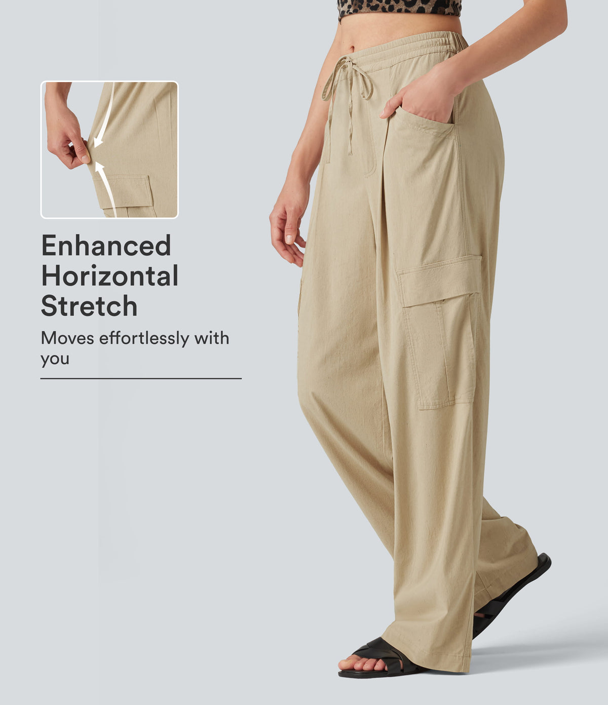 Mid Rise Drawstring Straight Leg Casual Stretch Linen Cargo Trousers with Pockets — Oatfield Cream — view 1