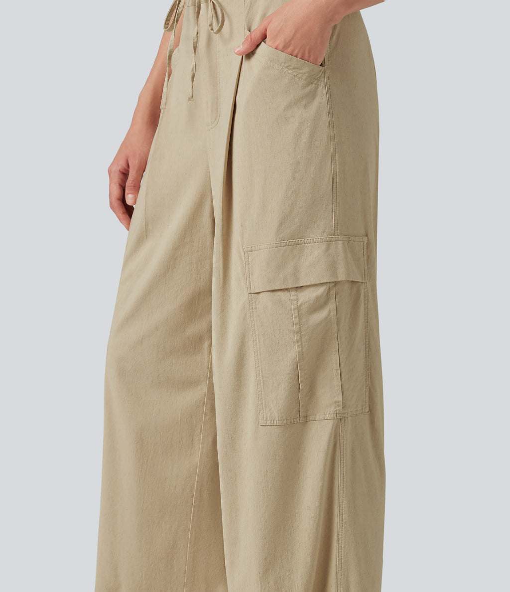 Mid Rise Drawstring Straight Leg Casual Stretch Linen Cargo Trousers with Pockets — Oatfield Cream — view 8
