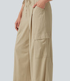 Mid Rise Drawstring Straight Leg Casual Stretch Linen Cargo Trousers with Pockets — Oatfield Cream — view 8