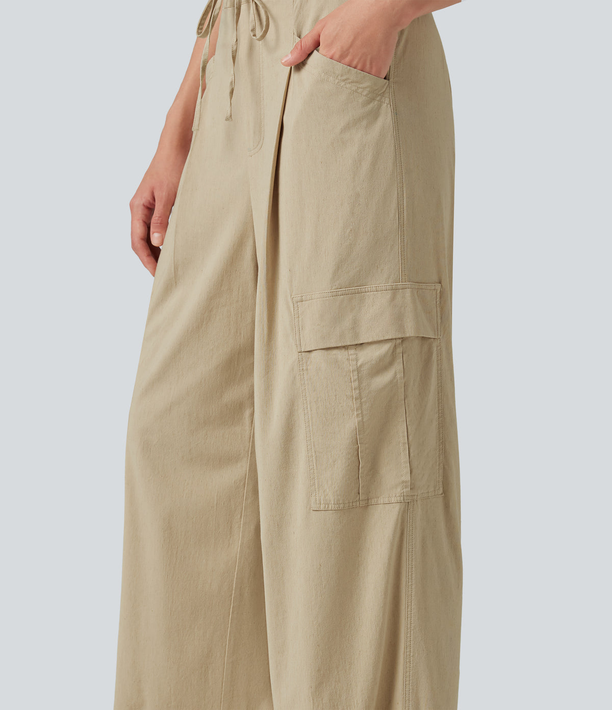 Mid Rise Drawstring Straight Leg Casual Stretch Linen Cargo Trousers with Pockets — Oatfield Cream — view 8