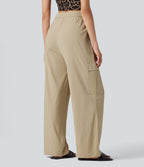 Mid Rise Drawstring Straight Leg Casual Stretch Linen Cargo Trousers with Pockets — Oatfield Cream — view 2