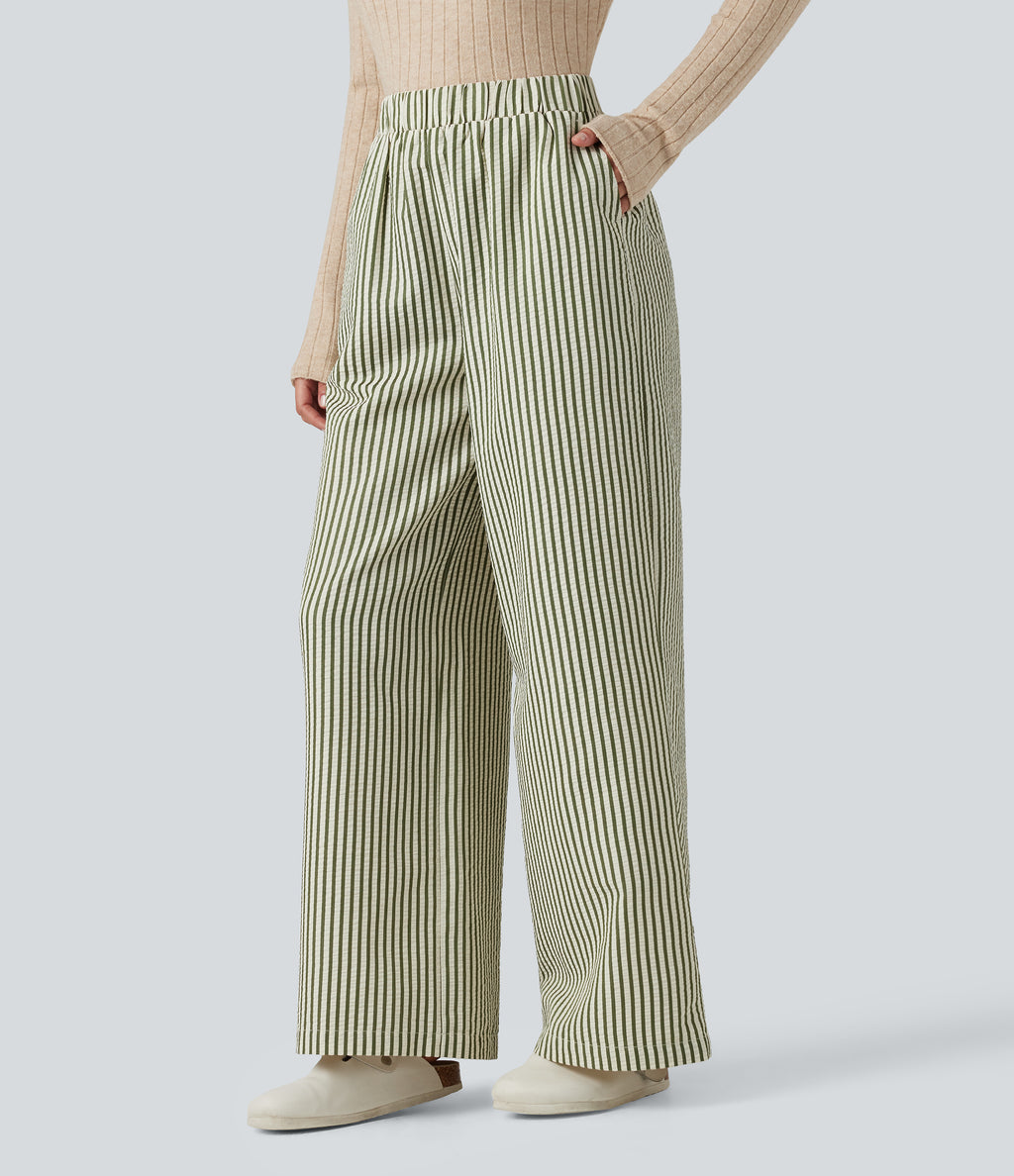 High Waisted Stripes Baggy Lounge Trousers with Pockets — Capulet Olive — view 3