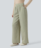 High Waisted Stripes Baggy Lounge Trousers with Pockets — Capulet Olive — view 3