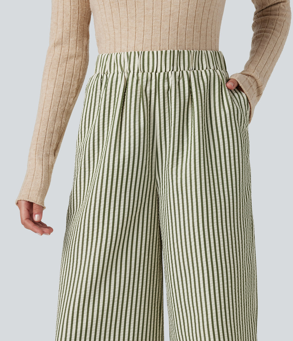 High Waisted Stripes Baggy Lounge Trousers with Pockets — Capulet Olive — view 4