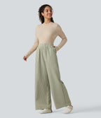 High Waisted Stripes Baggy Lounge Trousers with Pockets — Capulet Olive — view 6