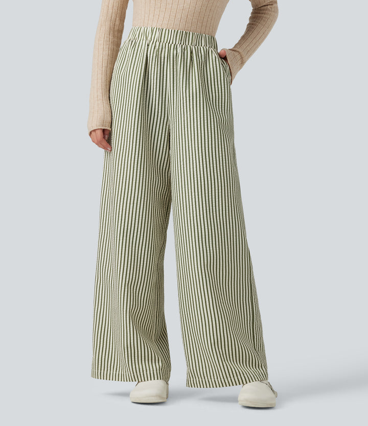 High Waisted Stripes Baggy Lounge Trousers with Pockets — Capulet Olive — view 1