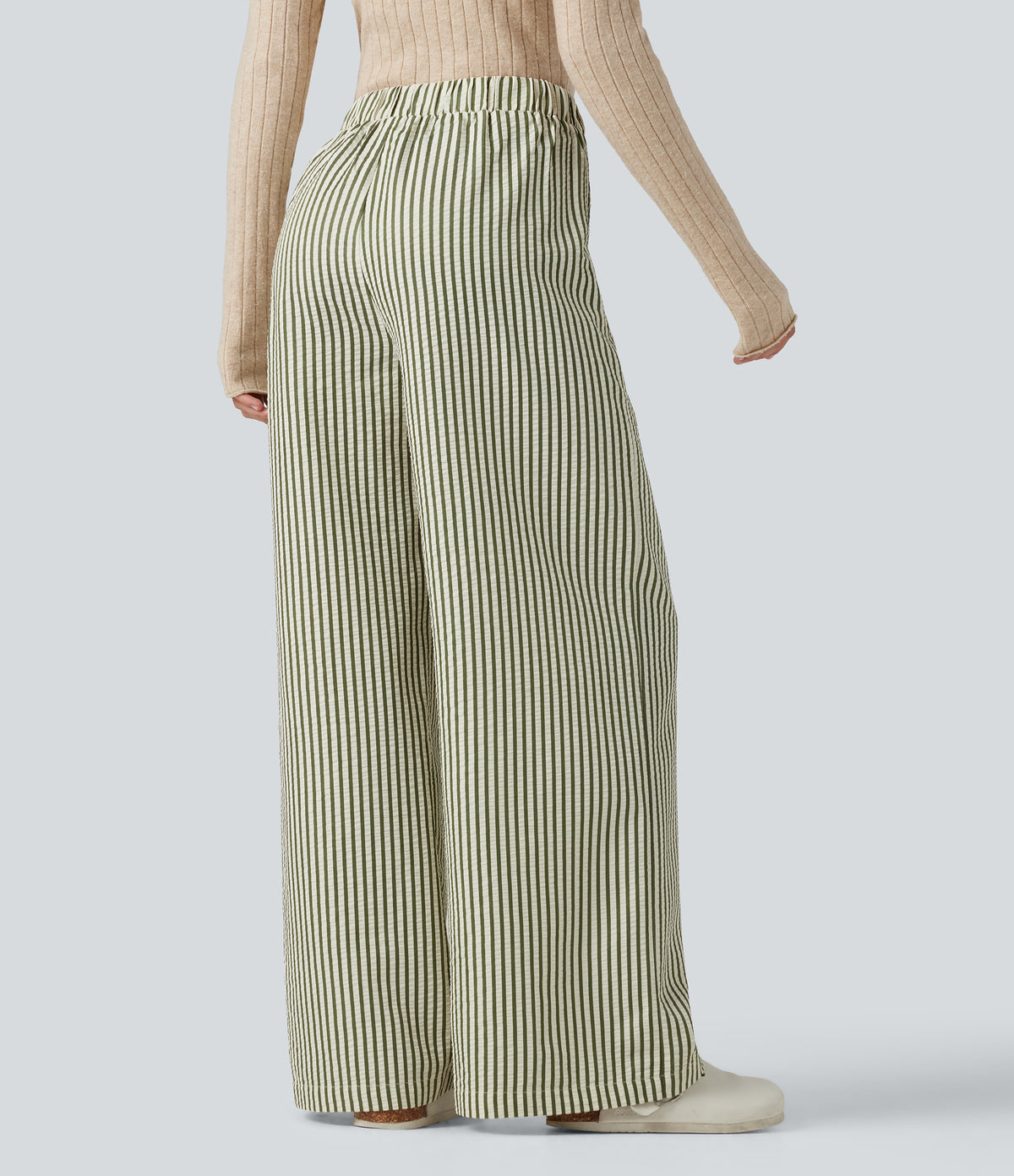 High Waisted Stripes Baggy Lounge Trousers with Pockets — Capulet Olive — view 2
