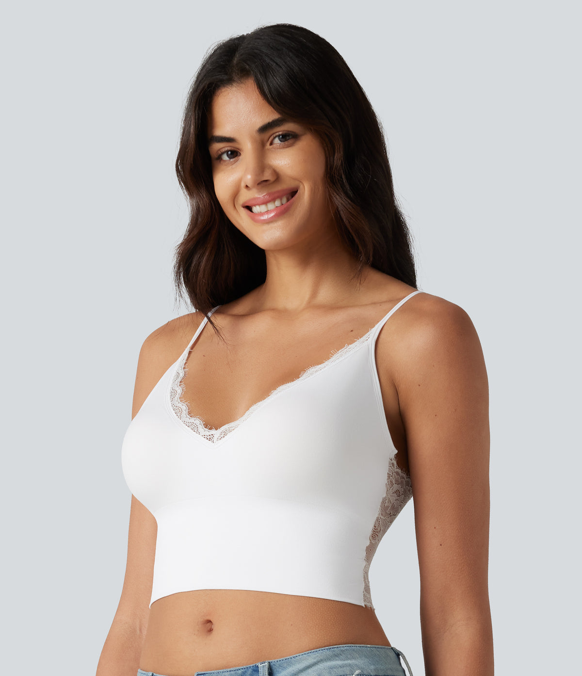 OneForm Seamless Flow Low Support Contrast Lace Casual Sports Bra — White — view 3