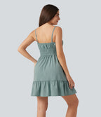 Tie Front Flowy Mini Casual Linen-Feel Slip Dress — Silverwood Sage — view 2