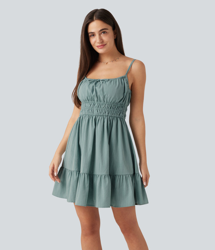 Tie Front Flowy Mini Casual Linen-Feel Slip Dress — Silverwood Sage — view 1