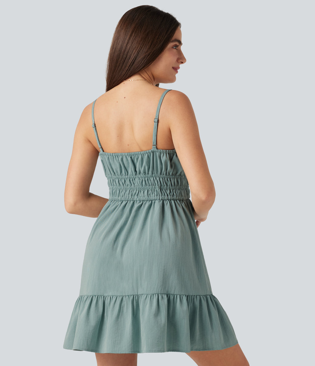 Tie Front Flowy Mini Casual Linen-Feel Slip Dress — Silverwood Sage — view 5