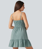 Tie Front Flowy Mini Casual Linen-Feel Slip Dress — Silverwood Sage — view 5