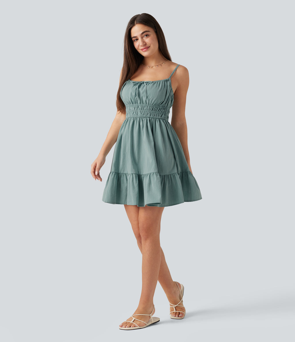 Tie Front Flowy Mini Casual Linen-Feel Slip Dress — Silverwood Sage — view 8