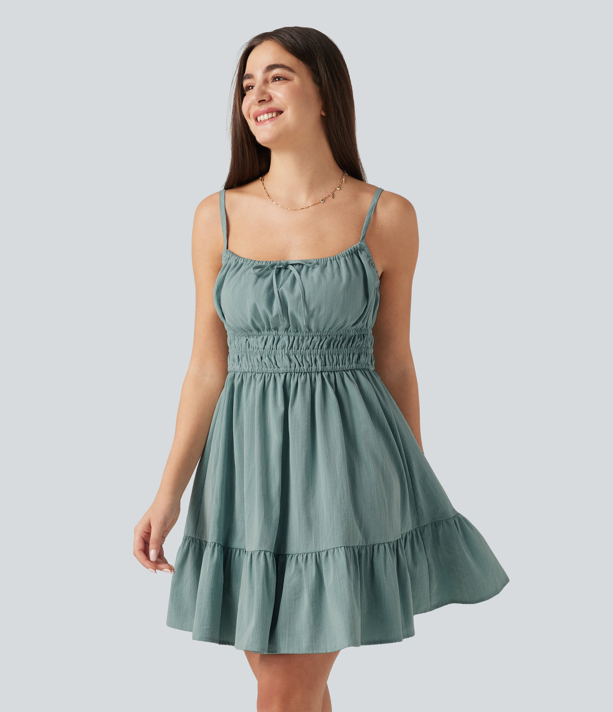 Tie Front Flowy Mini Casual Linen-Feel Slip Dress — Silverwood Sage — view 4