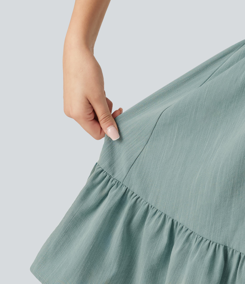 Tie Front Flowy Mini Casual Linen-Feel Slip Dress — Silverwood Sage — view 7