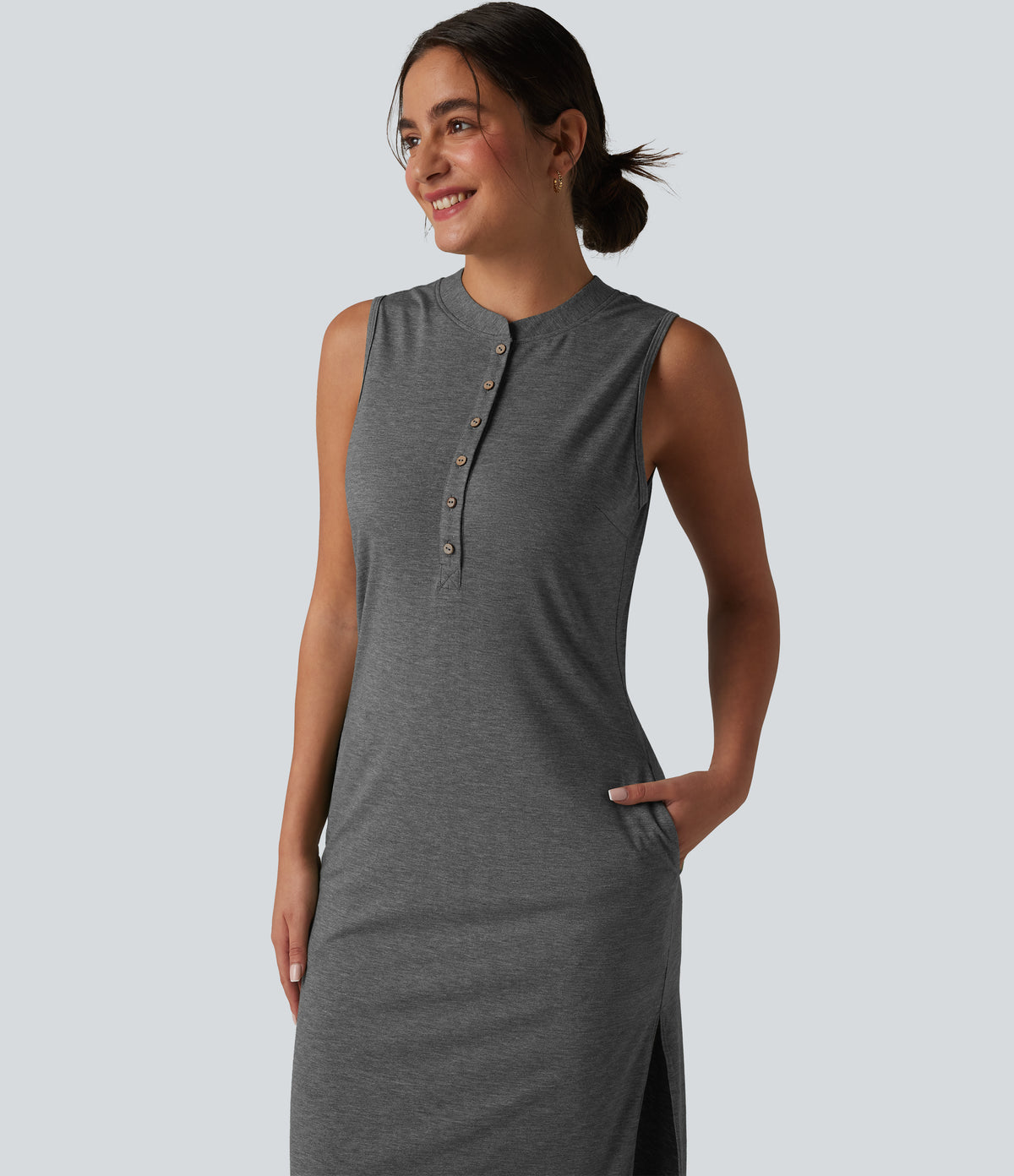 Henley Neck Sleeveless Midi Casual Dress with Pockets — Darl Gray Floral Yarn — view 4