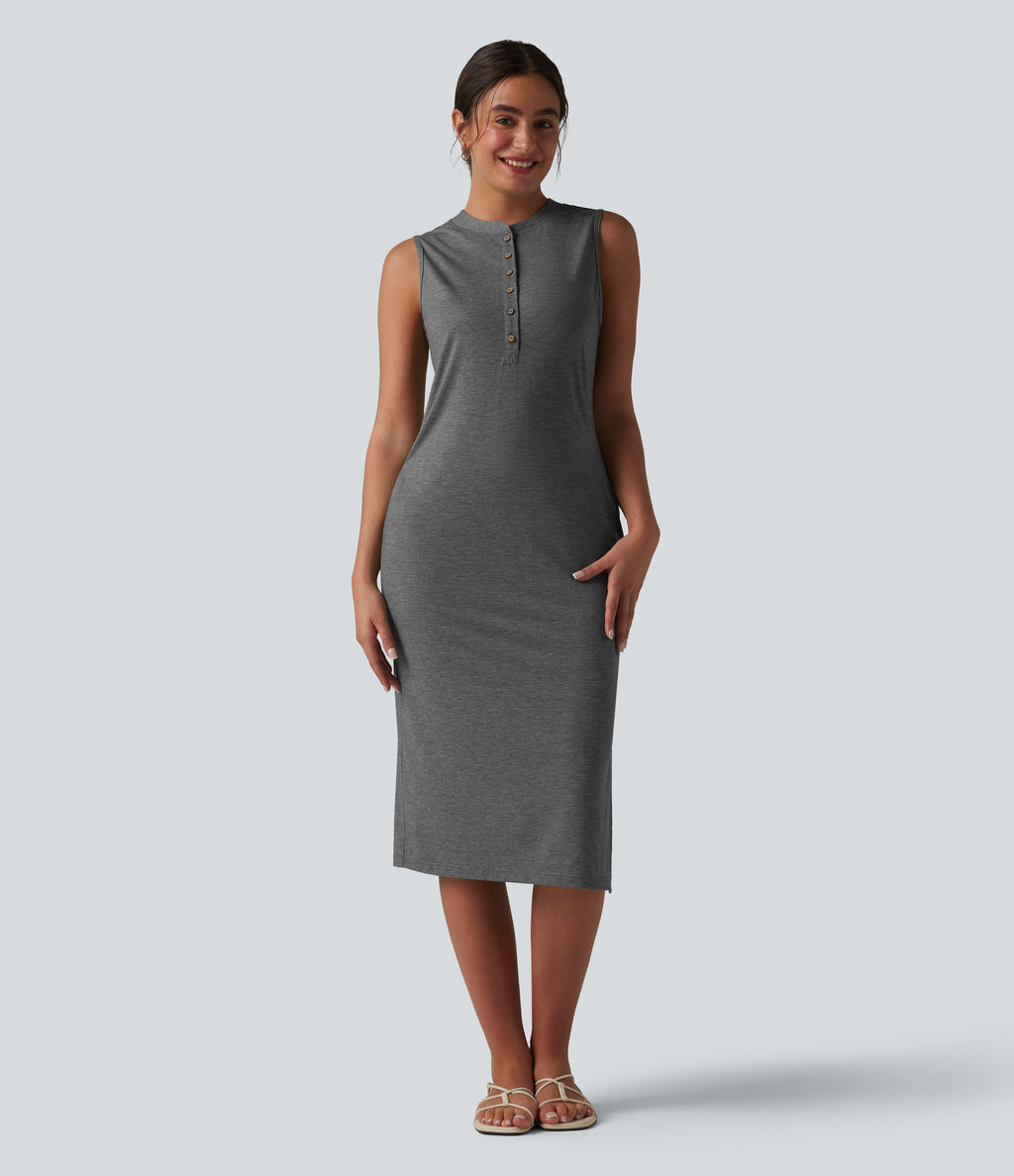 Henley Neck Sleeveless Midi Casual Dress with Pockets — Darl Gray Floral Yarn — view 3