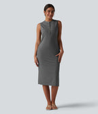 Henley Neck Sleeveless Midi Casual Dress with Pockets — Darl Gray Floral Yarn — view 3