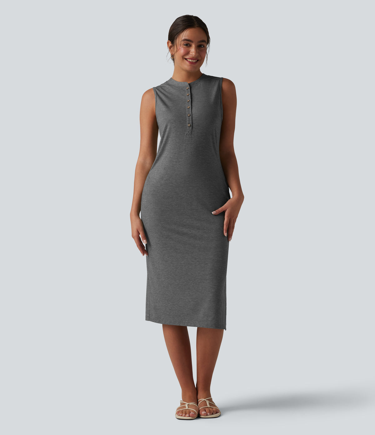 Henley Neck Sleeveless Midi Casual Dress with Pockets — Darl Gray Floral Yarn — view 3