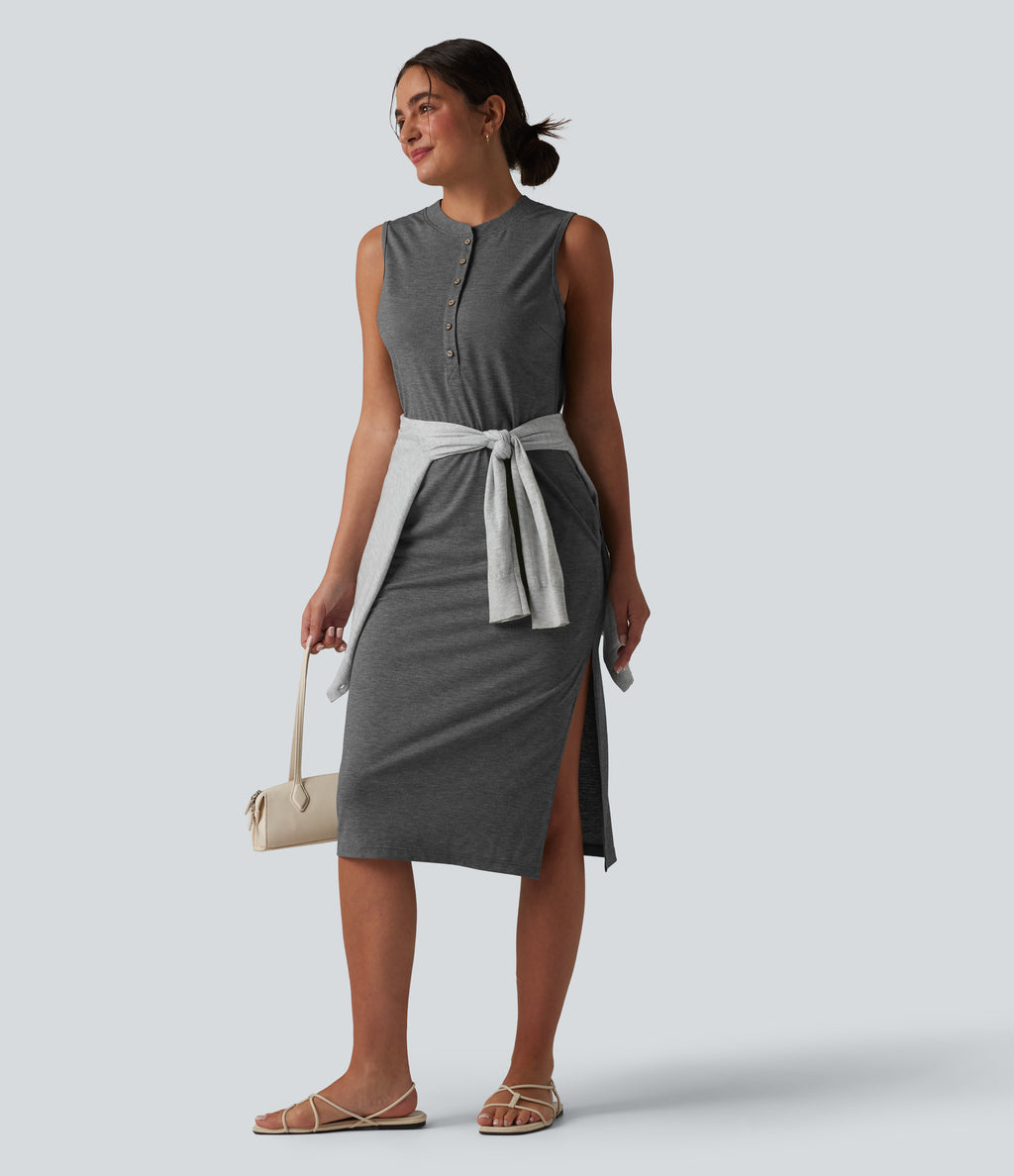 Henley Neck Sleeveless Midi Casual Dress with Pockets — Darl Gray Floral Yarn — view 6