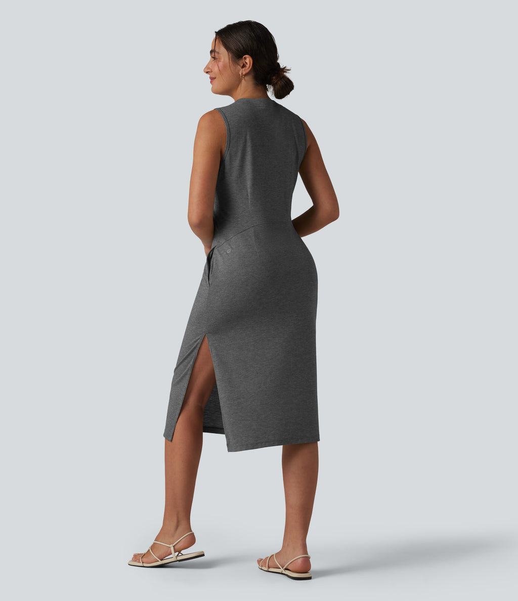 Henley Neck Sleeveless Midi Casual Dress with Pockets — Darl Gray Floral Yarn — view 2