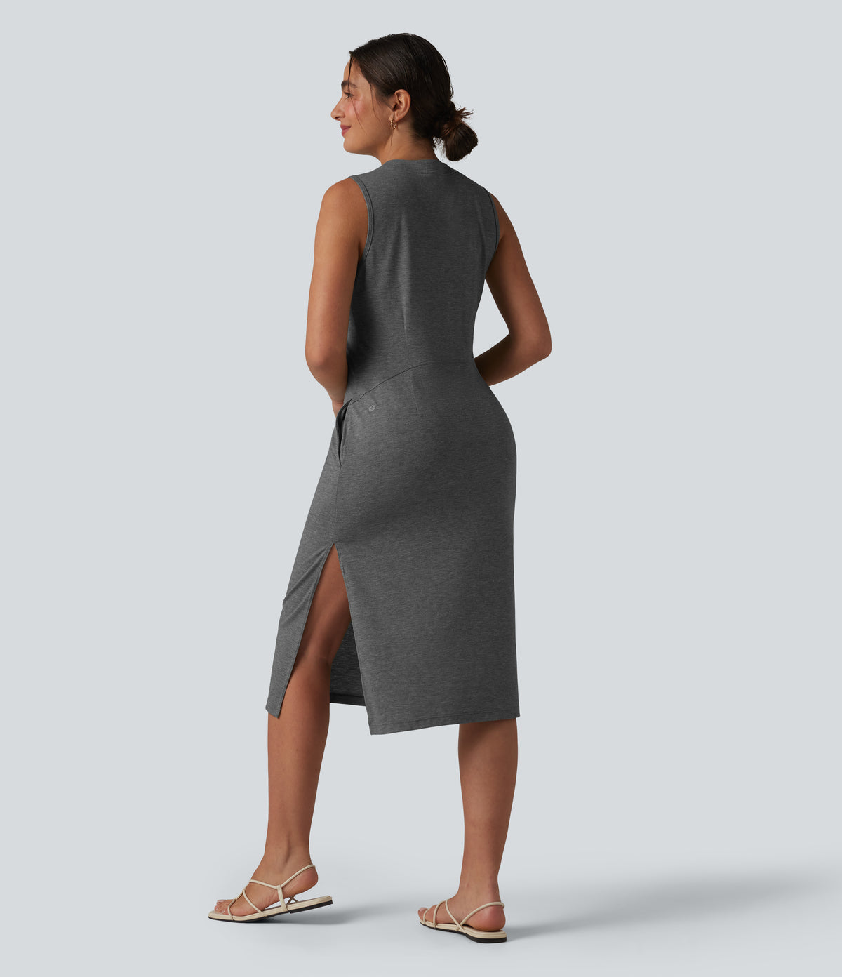 Henley Neck Sleeveless Midi Casual Dress with Pockets — Darl Gray Floral Yarn — view 2