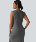 Henley Neck Sleeveless Midi Casual Dress with Pockets — Darl Gray Floral Yarn — view 5