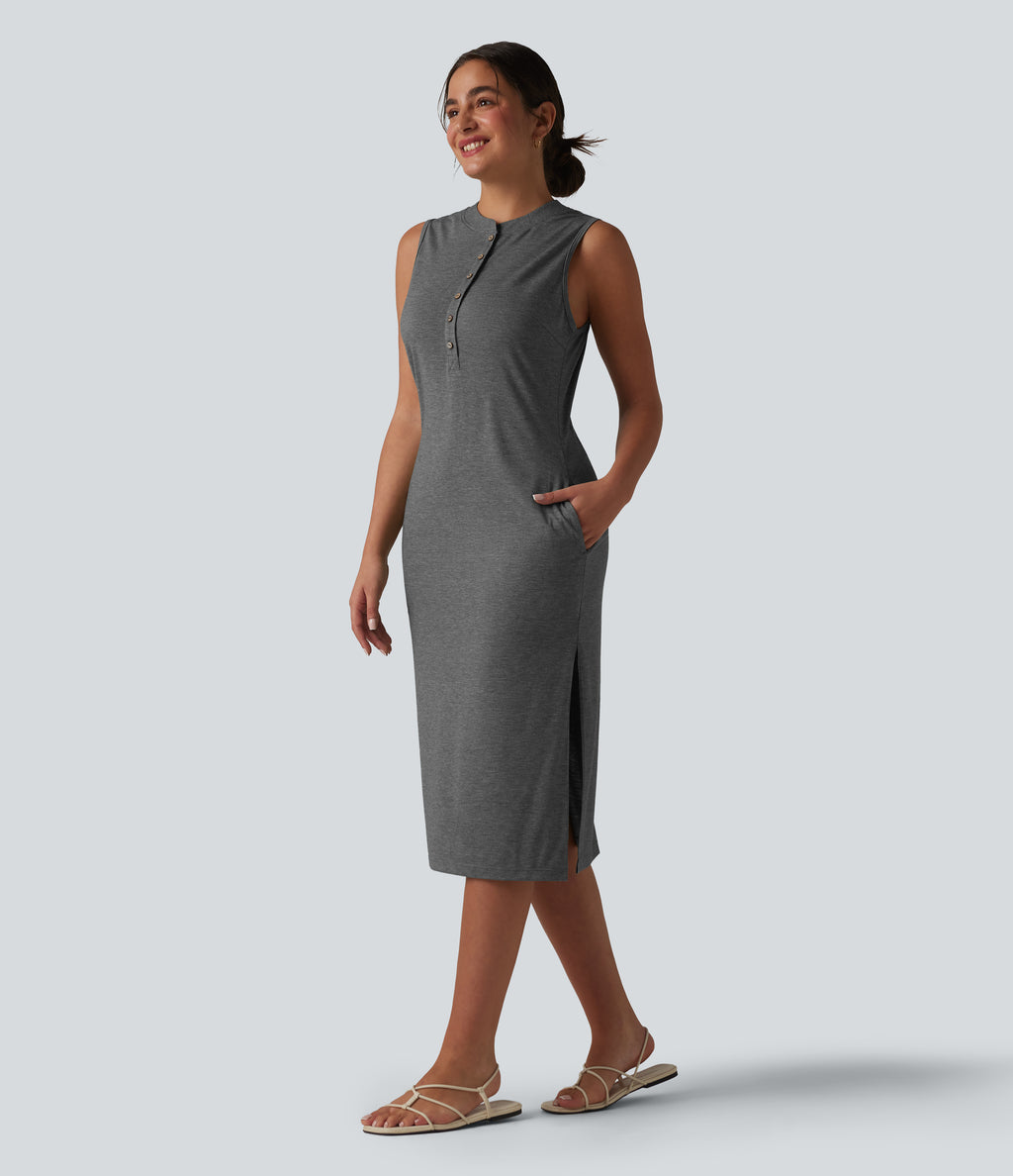 Henley Neck Sleeveless Midi Casual Dress with Pockets — Darl Gray Floral Yarn — view 1