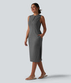 Henley Neck Sleeveless Midi Casual Dress with Pockets — Darl Gray Floral Yarn — view 1