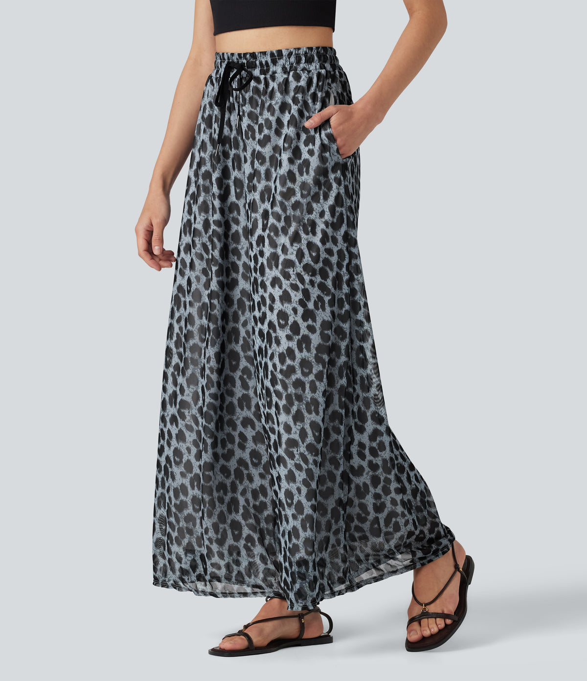High Waisted Drawstring Baggy Leopard Print Sheer Mesh Casual Trousers with Pockets — Frosted Panther — view 1