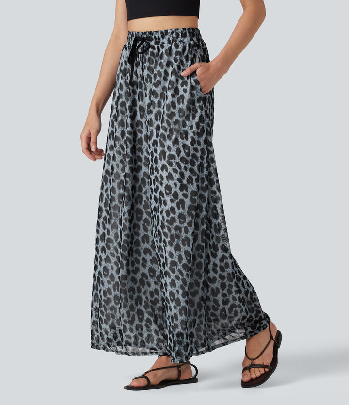 High Waisted Drawstring Baggy Leopard Print Sheer Mesh Casual Trousers with Pockets — Frosted Panther — view 1