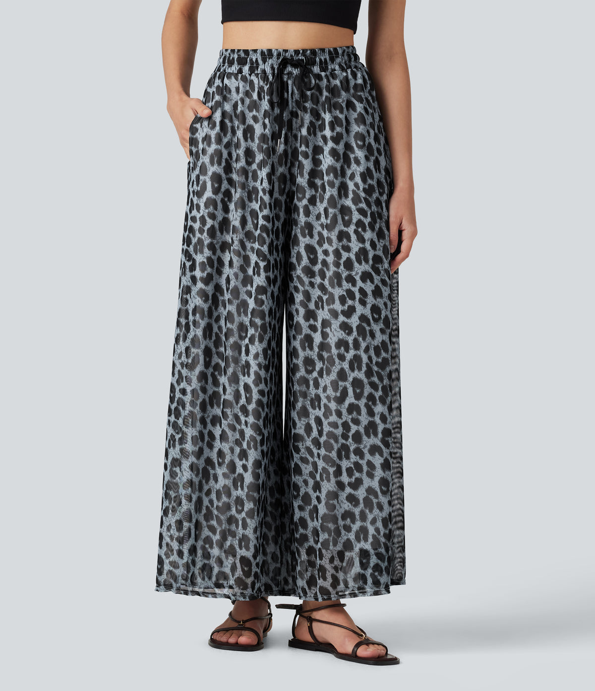 High Waisted Drawstring Baggy Leopard Print Sheer Mesh Casual Trousers with Pockets — Frosted Panther — view 3