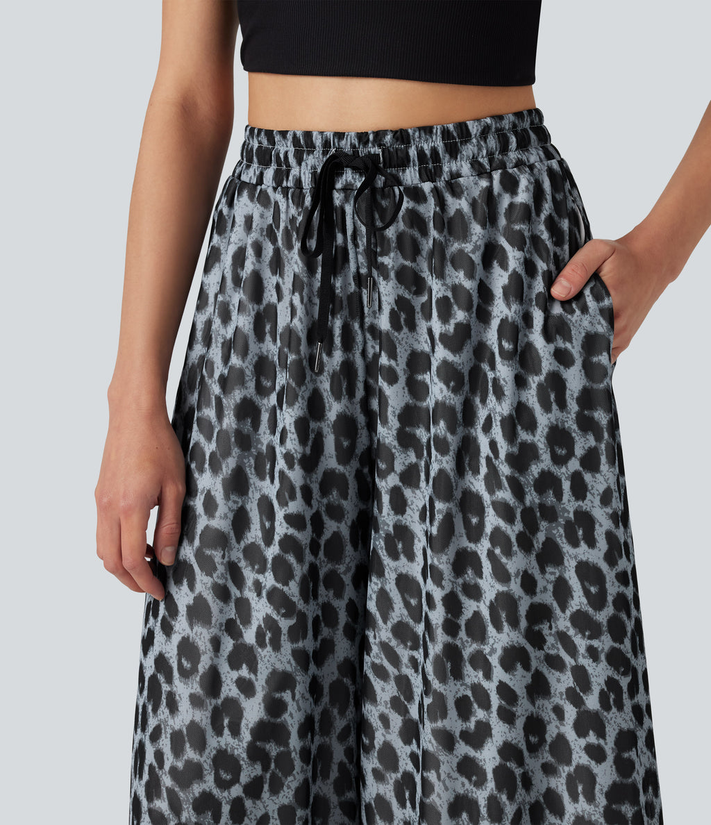 High Waisted Drawstring Baggy Leopard Print Sheer Mesh Casual Trousers with Pockets — Frosted Panther — view 4