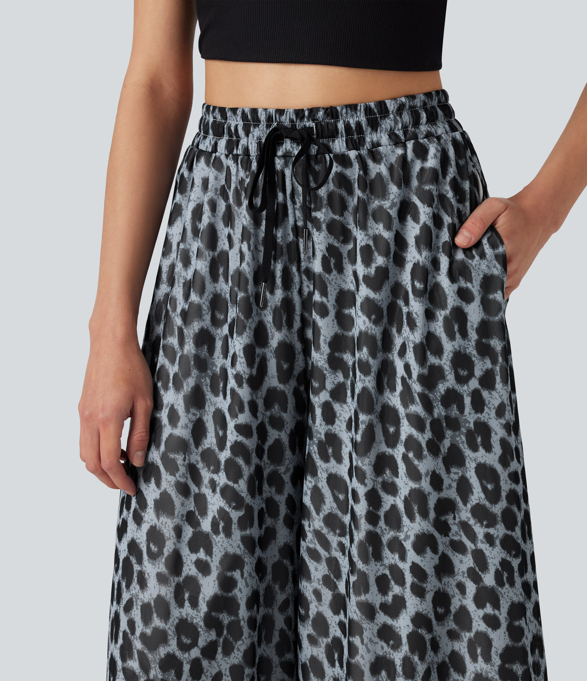 High Waisted Drawstring Baggy Leopard Print Sheer Mesh Casual Trousers with Pockets — Frosted Panther — view 4