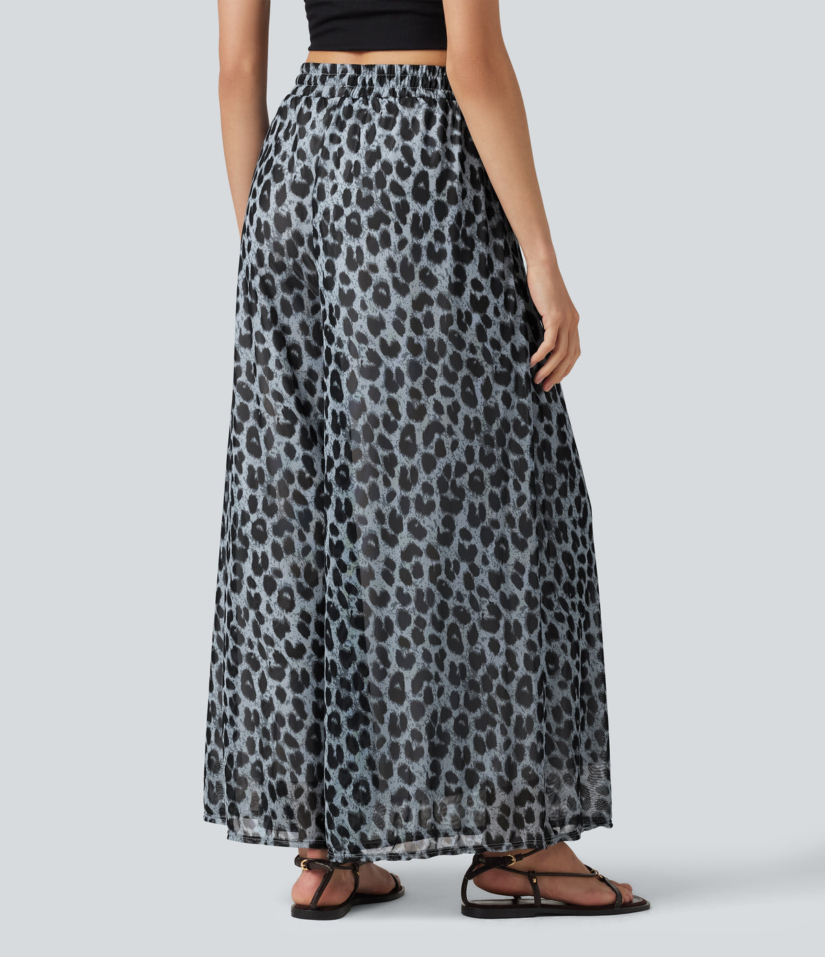 High Waisted Drawstring Baggy Leopard Print Sheer Mesh Casual Trousers with Pockets — Frosted Panther — view 2