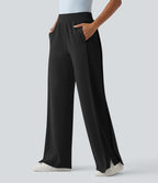 SpacerTek High Waisted Inner Drawstring Contrast Ribbed Split Casual Wide Leg Trousers with Pockets — Black — view 9