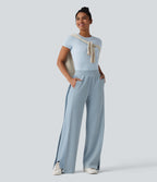SpacerTek High Waisted Inner Drawstring Contrast Ribbed Split Casual Wide Leg Trousers with Pockets — Dusty Blue — view 8