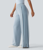 SpacerTek High Waisted Inner Drawstring Contrast Ribbed Split Casual Wide Leg Trousers with Pockets — Dusty Blue — view 3
