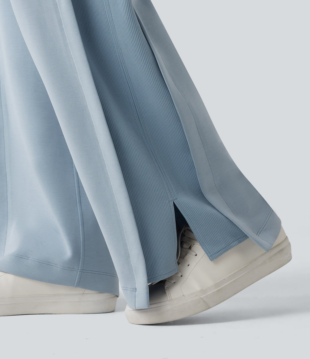 SpacerTek High Waisted Inner Drawstring Contrast Ribbed Split Casual Wide Leg Trousers with Pockets — Dusty Blue — view 7