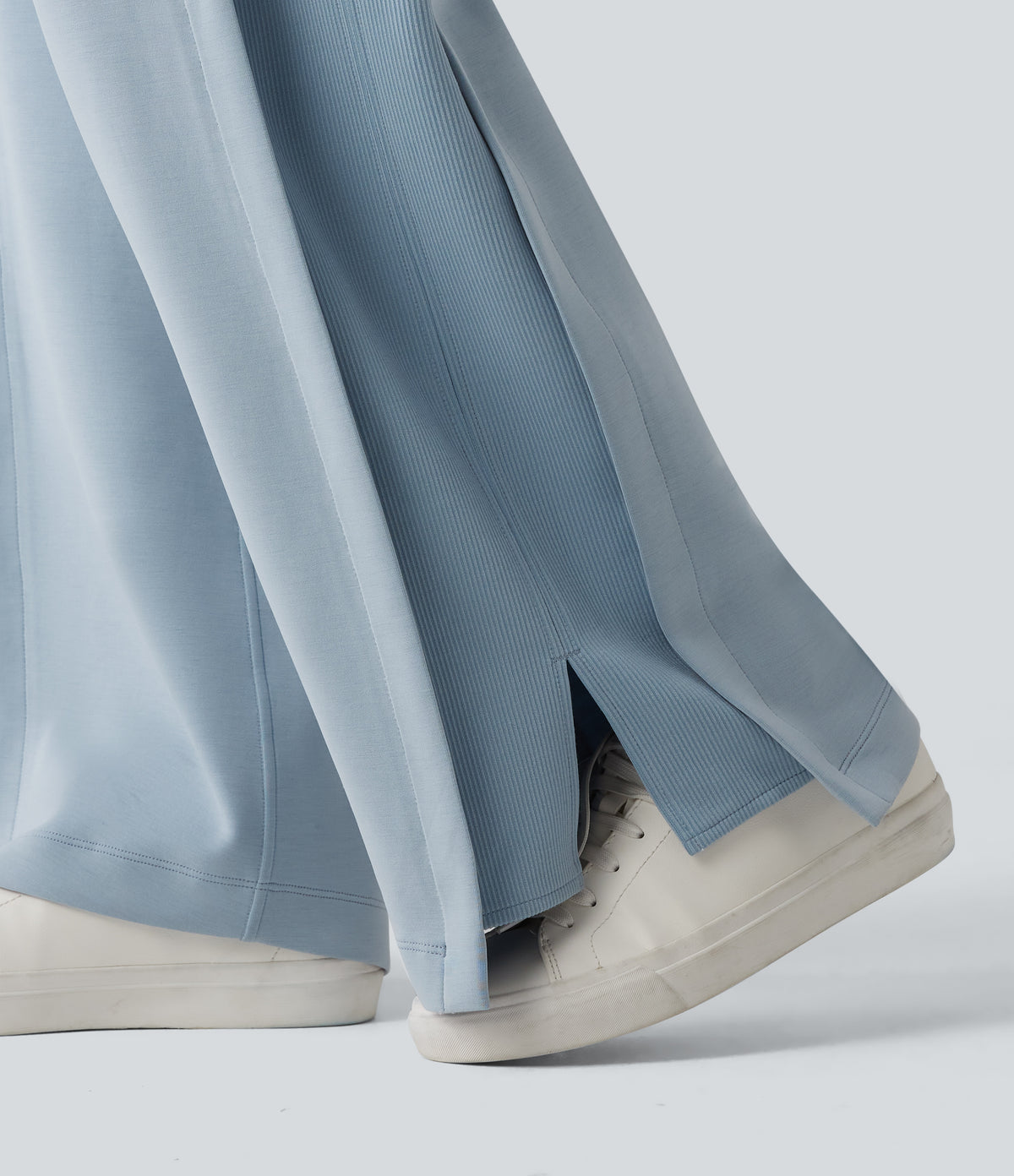 SpacerTek High Waisted Inner Drawstring Contrast Ribbed Split Casual Wide Leg Trousers with Pockets — Dusty Blue — view 7