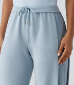 SpacerTek High Waisted Inner Drawstring Contrast Ribbed Split Casual Wide Leg Trousers with Pockets — Dusty Blue — view 4