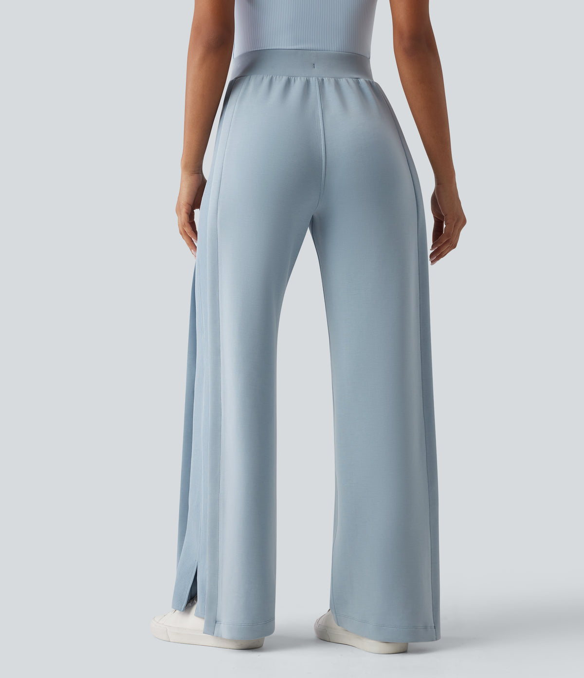 SpacerTek High Waisted Inner Drawstring Contrast Ribbed Split Casual Wide Leg Trousers with Pockets — Dusty Blue — view 2