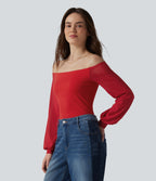 Airy Off-Shoulder Long Sleeve Breathable Mesh Built-in Bra InstantCool Casual T-Shirt — Mars Red — view 4